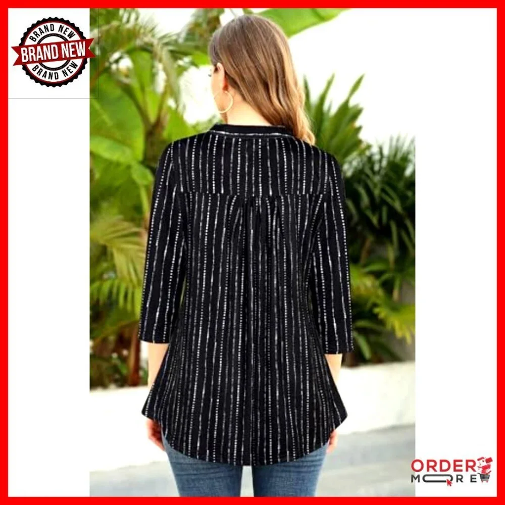 3/4 Sleeve V-Neck Chiffon Blouse Work Casual Tunic Top - Picture 4 of 7